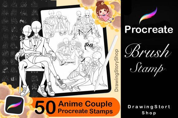 Download 50 Procreate Anime Couple Poses Stamps - Premium Resources